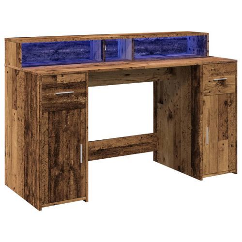 Bureau avec lumières LED vieux bois bois d'ingénierie - Photo n°3; ?>