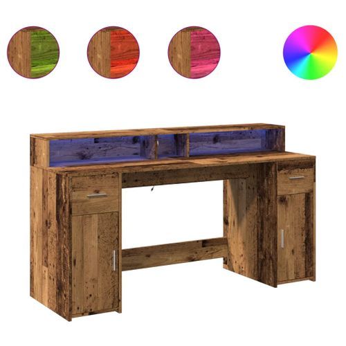 Bureau avec lumières LED vieux bois bois d'ingénierie - Photo n°2; ?>