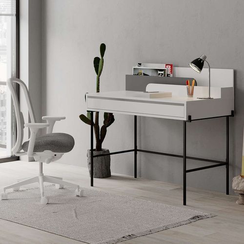 Bureau avec tiroir bois blanc et anthracite avec des pieds en métal noir Kinza 108 cm - Photo n°2; ?>