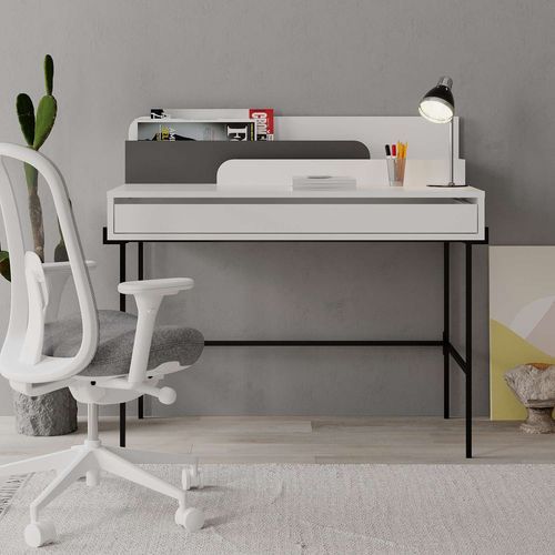 Bureau avec tiroir bois blanc et anthracite avec des pieds en métal noir Kinza 108 cm - Photo n°3; ?>