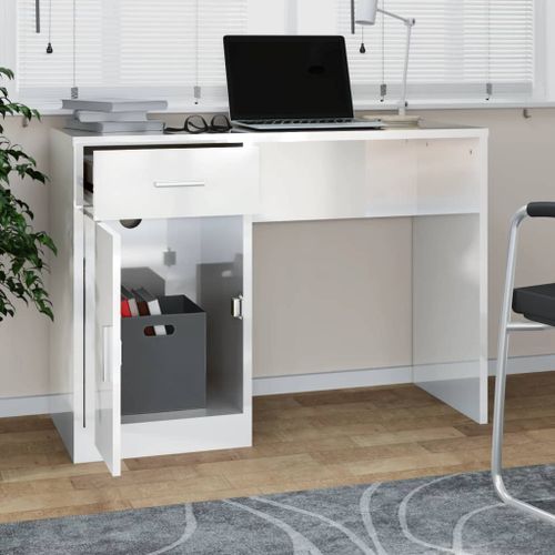 Bureau avec tiroir et armoire Blanc brillant 100x40x73 cm - Photo n°3; ?>