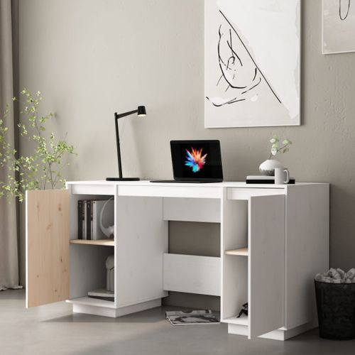 Bureau blanc 140x50x75 cm bois massif de pin - Photo n°3; ?>