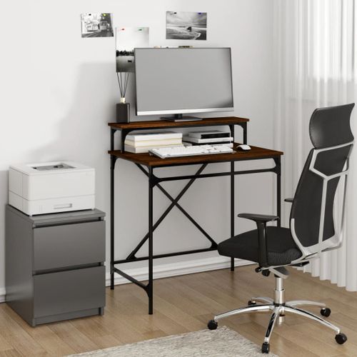 Bureau chêne marron 80x50x90 cm bois d'ingénierie et fer - Photo n°2; ?>