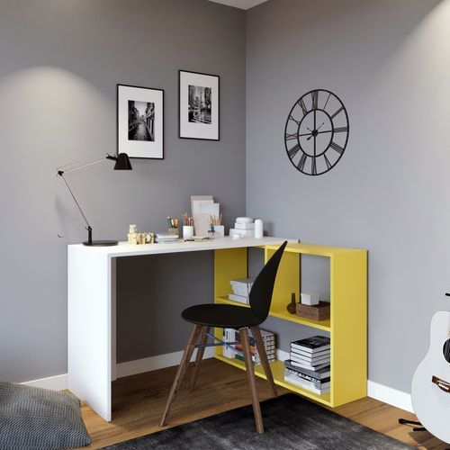 Bureau d'angle avec étagère bois blanc et jaune Kaliopa 120 cm - Photo n°2; ?>