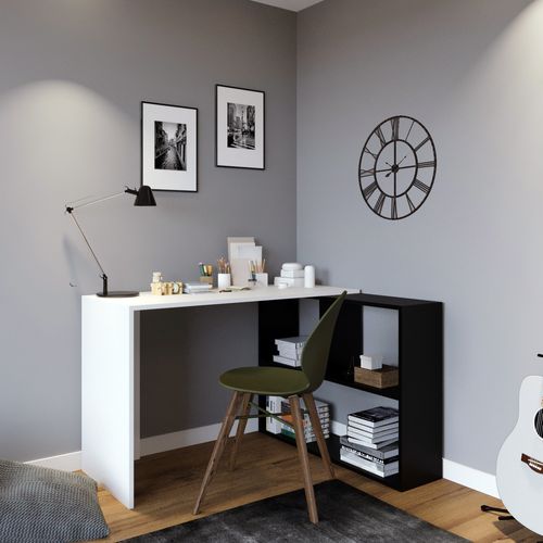 Bureau d'angle avec étagère bois blanc et noir Kaliopa 120 cm - Photo n°2; ?>