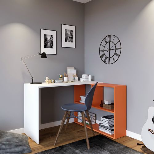 Bureau d'angle avec étagère bois blanc et orange Kaliopa 120 cm - Photo n°2; ?>