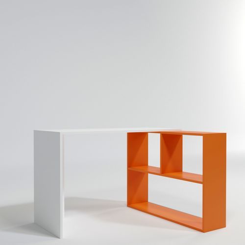 Bureau d'angle avec étagère bois blanc et orange Kaliopa 120 cm - Photo n°3; ?>
