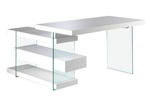 Bureau d'angle moderne Moza 140 cm - Laque blanc et verre trempé - Photo n°2; ?>