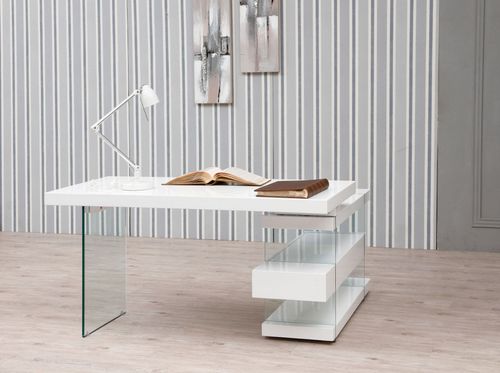 Bureau d'angle moderne Moza 140 cm - Laque blanc et verre trempé - Photo n°3; ?>