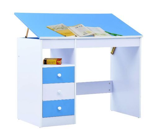 Bureau enfant inclinable 3 tiroirs bois bleu et blanc Sunny - Photo n°2; ?>