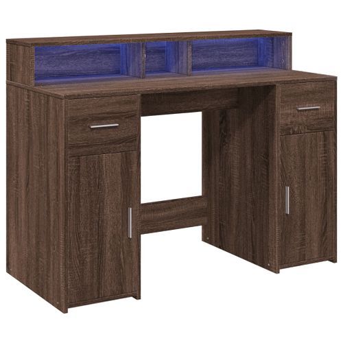 Bureau et lumières LED chêne marron bois d'ingénierie - Photo n°3; ?>