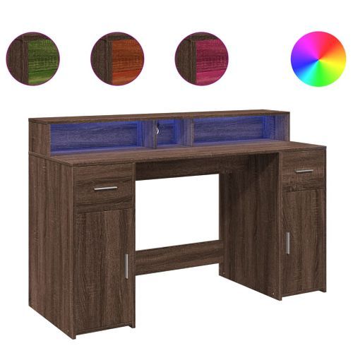 Bureau et lumières LED chêne marron bois d'ingénierie - Photo n°2; ?>