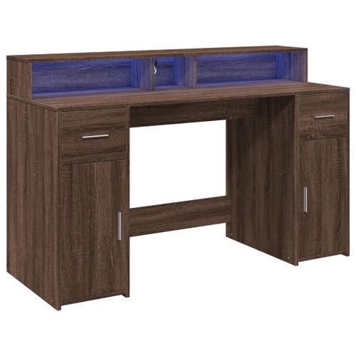 Bureau et lumières LED chêne marron bois d'ingénierie - Photo n°3; ?>