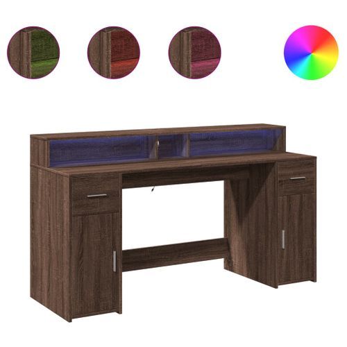 Bureau et lumières LED chêne marron bois d'ingénierie - Photo n°2; ?>