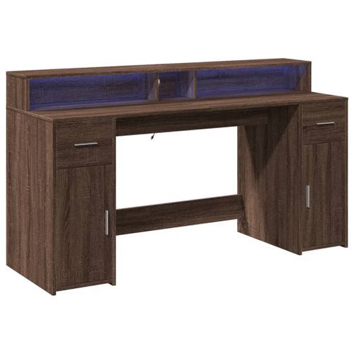 Bureau et lumières LED chêne marron bois d'ingénierie - Photo n°3; ?>