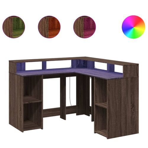 Bureau et lumières LED chêne marron bois d'ingénierie - Photo n°2; ?>