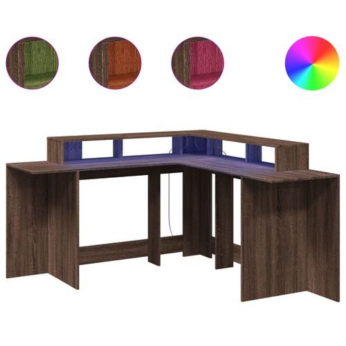 Bureau et lumières LED chêne marron bois d'ingénierie - Photo n°2; ?>