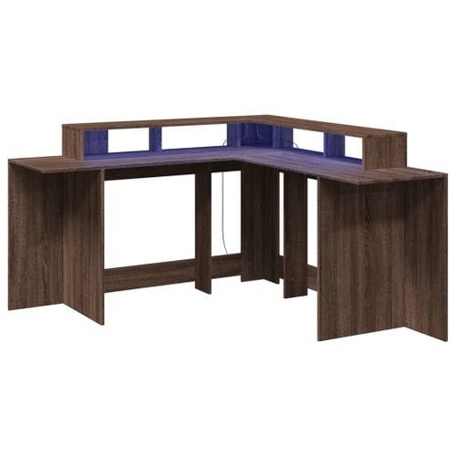 Bureau et lumières LED chêne marron bois d'ingénierie - Photo n°3; ?>