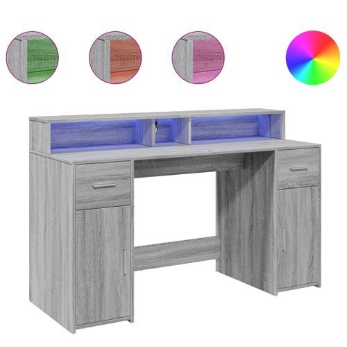 Bureau et lumières LED sonoma gris 140x55x91 cm bois ingénierie - Photo n°2; ?>