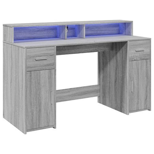 Bureau et lumières LED sonoma gris 140x55x91 cm bois ingénierie - Photo n°3; ?>