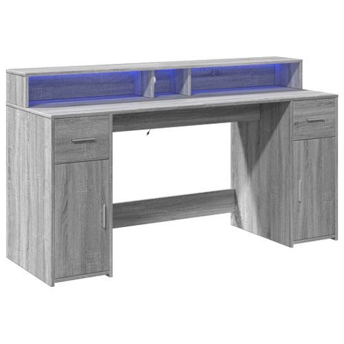 Bureau et lumières LED sonoma gris 160x55x91 cm bois ingénierie - Photo n°3; ?>