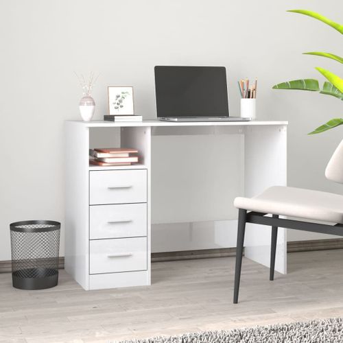 Bureau et tiroirs Blanc brillant 102x50x76 cm Bois d'ingénierie - Photo n°2; ?>