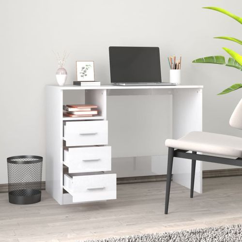 Bureau et tiroirs Blanc brillant 102x50x76 cm Bois d'ingénierie - Photo n°3; ?>