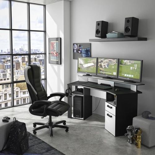 Bureau gamer LEDs - 1 tiroir, 1 niche, 1 porte - Coloris : Anthracite. MOBA