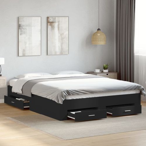 Cadre de lit à tiroirs noir 160x200 cm bois d'ingénierie - Photo n°3; ?>