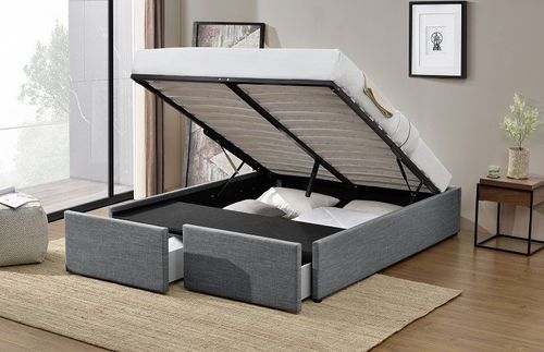 Cadre de lit avec coffre et 2 tiroirs 140x190 cm tissu lin gris foncé Karmi - Photo n°2; ?>
