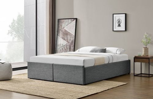 Cadre de lit avec coffre et 2 tiroirs 140x190 cm tissu lin gris foncé Karmi - Photo n°3; ?>