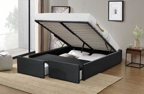 Cadre de lit avec coffre et 2 tiroirs 160x200 cm simili cuir noir mat Karmi - Photo n°2; ?>