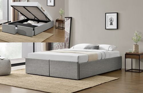 Cadre de lit avec coffre et 2 tiroirs 160x200 cm tissu lin gris clair Karmi - Photo n°3; ?>