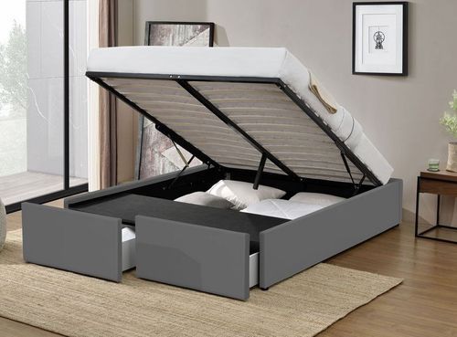 Cadre de lit avec coffre et 2 tiroirs 180x200 cm simili cuir gris Karmi - Photo n°2; ?>