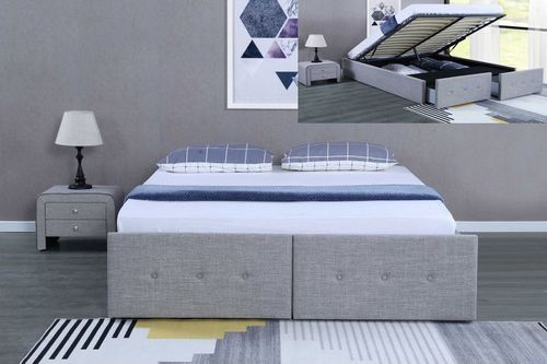 Cadre de lit avec coffre et 2 tiroirs tissu gris clair Lecra 140x190 cm - Photo n°2; ?>