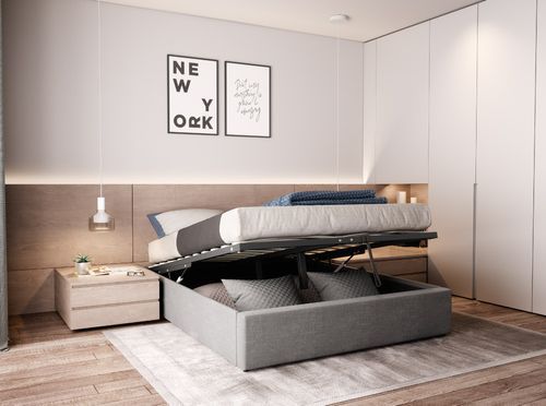 Cadre de lit avec coffre tissu gris clair Lola 140x190 cm - Photo n°2; ?>