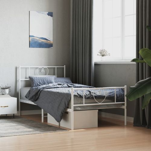 Cadre de lit métal avec tête de lit/pied de lit blanc 100x190cm - Photo n°2; ?>