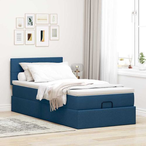 Cadre de lit ottoman avec matelas bleu 90x200 cm tissu - Photo n°3; ?>