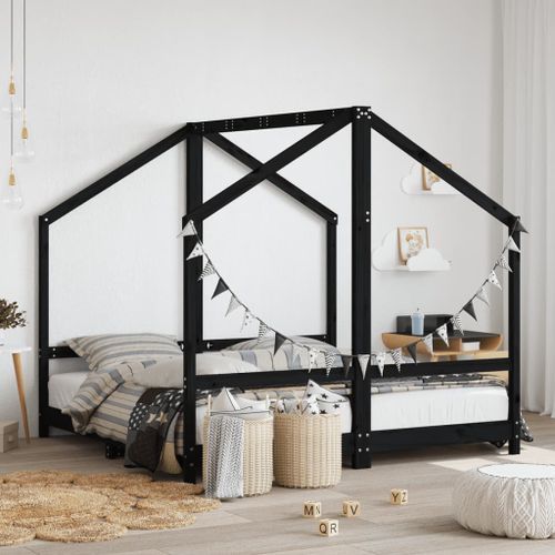 Cadre de lit pour enfant noir 2x(80x160) cm bois de pin massif - Photo n°2; ?>