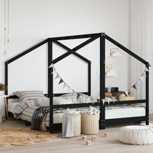 Cadre de lit pour enfants noir 2x(90x190) cm bois de pin massif - Photo n°2; ?>