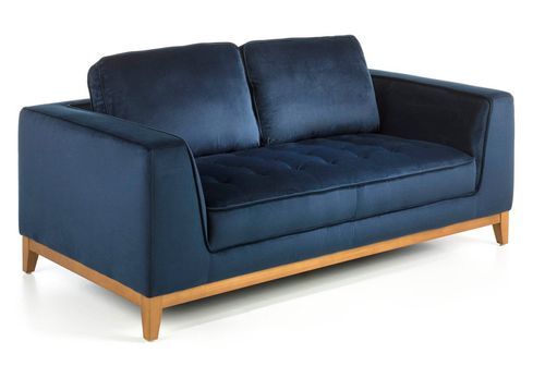 Canapé 2 places tissu bleu effet velours et bois de noyer Hastin - Photo n°2; ?>