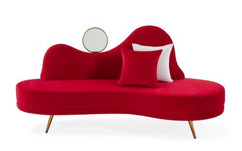 Canapé 2 places tissu rouge avec miroir et pieds métal doré 198 cm - Photo n°2; ?>