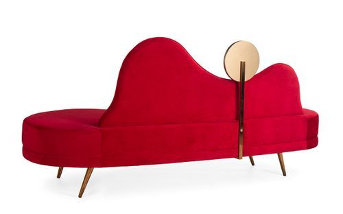 Canapé 2 places tissu rouge avec miroir et pieds métal doré 198 cm - Photo n°3; ?>