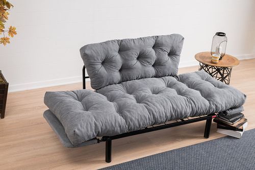 Canapé 2 places transformable en lit tissu gris clair Pliaz 155 cm - Photo n°3; ?>
