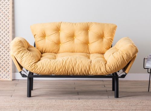 Canapé 2 places transformable en lit tissu jaune Pliaz 155 cm - Photo n°2; ?>