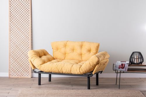 Canapé 2 places transformable en lit tissu jaune Pliaz 155 cm - Photo n°3; ?>