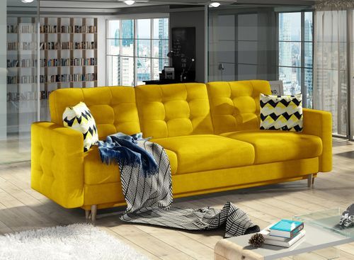 Canapé 3 places convertible matelassé tissu jaune moutarde Anska 235 cm - Photo n°2; ?>