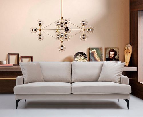 Canapé 3 places design tissu velouté beige et pieds métal noir Kombaz 205 cm - Photo n°2; ?>