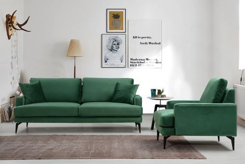 Canapé 3 places design tissu velouté vert et pieds métal noir Kombaz 205 cm - Photo n°2; ?>