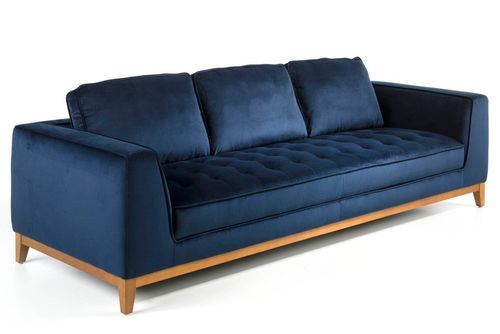 Canapé 3 places tissu bleu effet velours et bois de noyer Hastin - Photo n°2; ?>